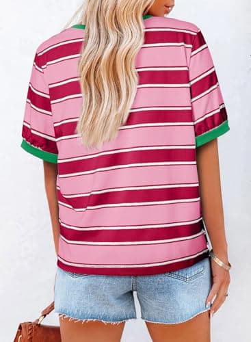 Dokotoo Women's T-Shirts Short Sleeve Color Block Striped Shirts Basic Crew Neck Fashion Holiday Athletic T Shirts Casual Loose Fit Blouses Summer Trendy Clothes Beach Vacation Outfits Rosy Small