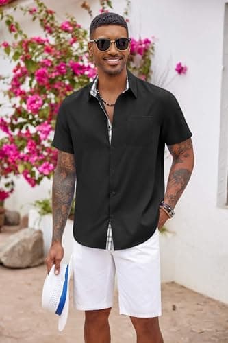 COOFANDY Men's Casual Button Down Shirt Beach Linen Short Sleeve Shirts Untucked Dress Shirt Black