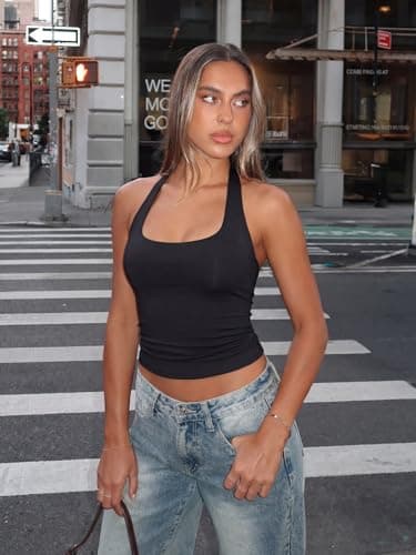 PINKMSTYLE Womens Halter Double Lined Padded Tank Tops Built in Bra Sleeveless Backless Slim Fit Sexy Y2K Tops Black Small