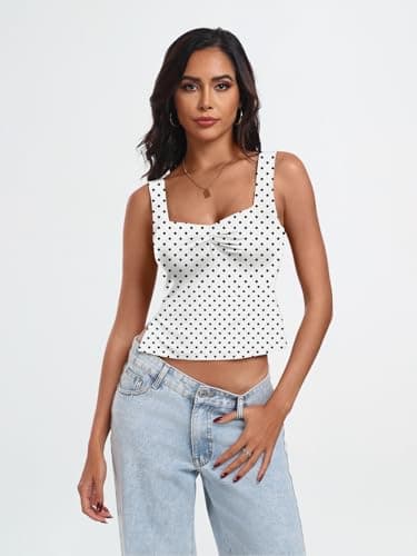 Trendy Queen Double Lined Crop Tank Top for Women Cute Summer Backless Shirt Spring Y2K Top Junior Going Out Concert Vacation WhiteDots M