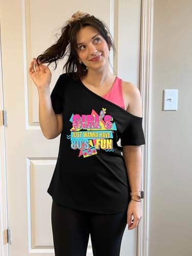 90s 80s Outfit for Women 80's Theme Party Disco Shirt Off the Shoulder Tops Vintage 90s Neon Off Shoulder Top