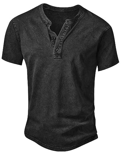 NITAGUT Mens Distressed Henley Shirts Retro Short Sleeve Cotton Tee Shirts Casual Button Down Washed T-Shirts Black, Medium