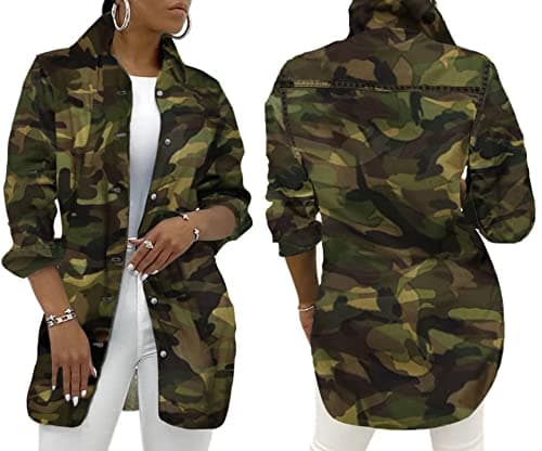 SeNight Women's Jacket Camouflage Casual With Pockets Sexy V Neck Long Sleeve Button Down Denim Coat