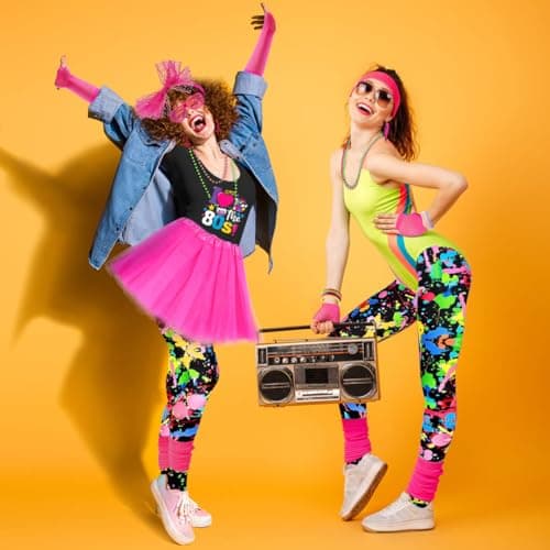 Xintorch 80s Outfit Women Costume Accessories Set T Shirt Leggings Tutu Skirt Neno Party Leg Warmers Headband