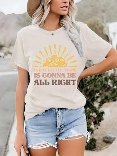 LINDOCITA Every Little Thing is Gonna Be All Right Shirt Womens Summer Sunshine Graphic Tees Beige L