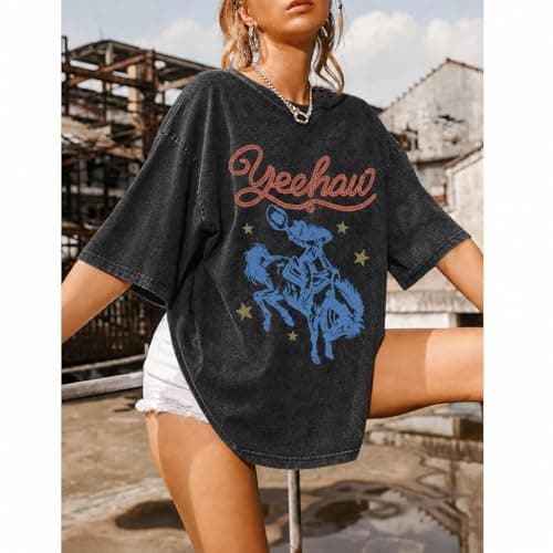 Cayxatiu Western Shirts for Women Vintage Cowgirl Shirt Oversized Rodeo Cowboy Graphic Tees Country Concert Short Sleeve Tops(Black,L)