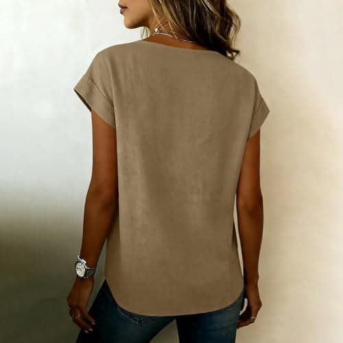 JOAU Womens Cotton Linen Tee Shirts Casual Short Sleeve Wrap V Neck Blouses 2026 Summer Loose Lightweight Gauze Tunic Tops Khaki