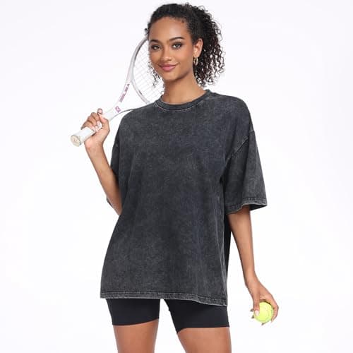 Womens Washed Vintage Oversized T-Shirt Baggy Workout Tops Short Sleeve Cotton Tshirts Streetwear Boyfriend Tee(W-Black,m)