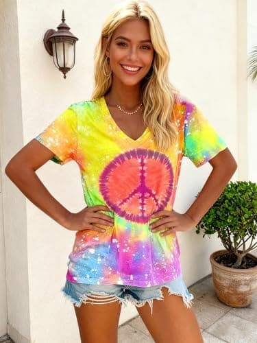Women Hippie Shirt 60s 70s Peace Love Graphic Tie Dye V-Neck Tshirt Vintage Hippie Style Tee Tops