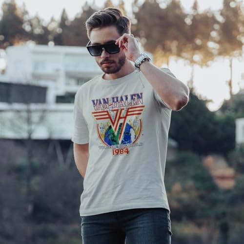2Bhip Van Halen 1984 World Tour Adult Short Sleeve American Rock 80s Music Vintage Style Graphic T-Shirt - Large - Natural