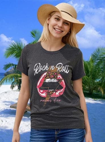 Rock N Roll Shirt Women Vintage Rock Music Graphic Shirt Country Music Tee Funny Letter Printed Casual Short Sleeve Tops (Medium, Grey)