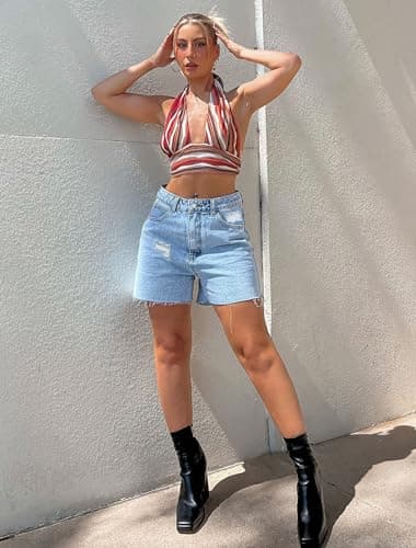 IWD Jean Shorts Womens High Waisted Ripped Casual Denim Shorts Stretchy Raw Hem Jorts 2026 Summer Trendy (Light Blue, Large)