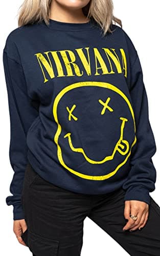 Nirvana Sweatshirt Yellow Smiley Band Logo Official Unisex Navy Blue Size S