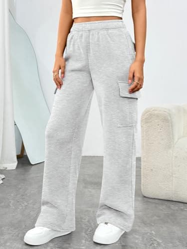 Trendy Queen Women's Cargo Sweatpants, Wide Leg Workwear Pants with Pockets & Elastic Waist, Casual Joggers for Travel Grey M