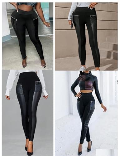 DAOAO Faux Leather Leggings for Women Elastic Mid Waisted Stretchy Patch Zip Punk Pleather Pant Black L