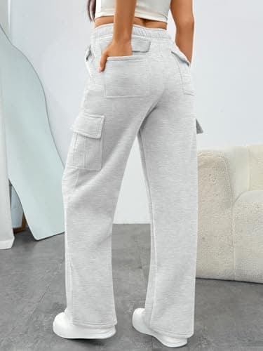 Trendy Queen Women's Cargo Sweatpants, Wide Leg Workwear Pants with Pockets & Elastic Waist, Casual Joggers for Travel Grey M