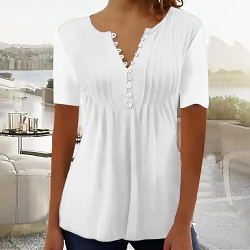 Summer Tops for Women 2025 Trendy Boho Floral Print Tunic Shirts Short Sleeve Button v Neck Tshirt Casual Loose Blouse 1-White 2025 Womens Fashion Large