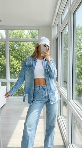 Dokotoo Jean Jacket Women Fashion Spring Summer Country Concert Outfits Casual Long Sleeve Denim Shirt Distressed Boyfriend Denim Jacket Shackets Western Jean Jacket Womens Clothing Sky Blue Jackets L