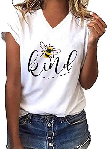 Womens Be Kind Graphic Tees V Neck Cute Printed Summer Casual T Shirts Tops (White,Large)