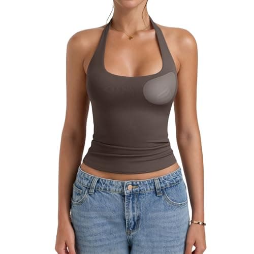 PINKMSTYLE Halter Tops for Women Tank Top with Built in Bra Double Lined Sleeveless Backless Date Night Club Tops Coffee Medium