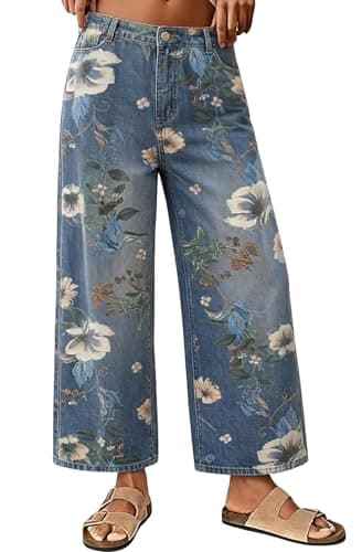 chouyatou Women's Floral Print Mid Rise Cropped Jeans Wide Leg Baggy Boho Ankle Denim Pants with Pockets (Medium,Blue)