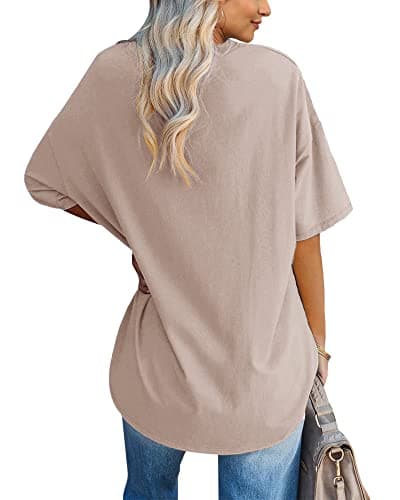 Fazortev Womens Oversized Queen Of Hearts Graphic T Shirts Casual V Neck Half Sleeve Summer Loose Tees Tunic Tops Khaki