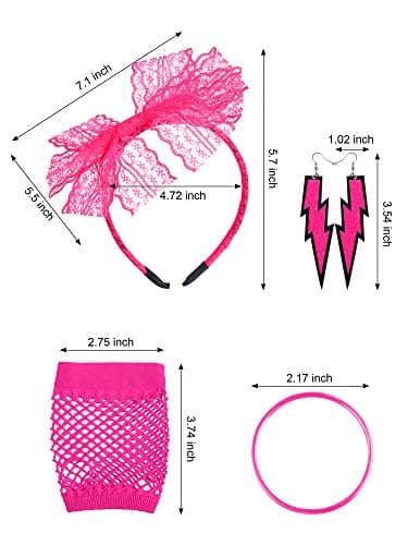 Blulu 80s Accessories Women Lace Headband Earrings Fishnet Gloves Necklace Bracelet for 80s Retro Party Halloween(Rose Red)