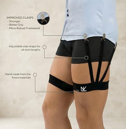 NV Holders Improved 2.0, with improved clasps; premium shirt stays, shirt holders, shirt garters, shirt tuckers for men (Black, Medium (21.5-23.5 inches on thigh's thickest part))