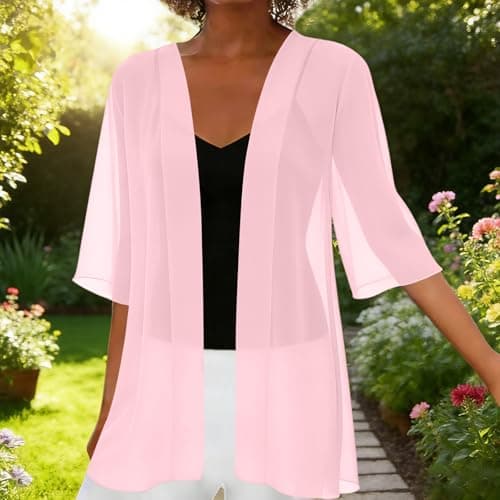 Women Lightweight Open Front Chiffon Cardigan Summer Casual Half Sleeve Lightweight Loose Beach Cover Up Blouse Top Pink