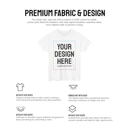 Custom T-Shirt Print with Text, Image or Logo - Personalized Printed Cotton Tees - Design Your Own Shirt for Men and Women - Bulk Packs (US, Alpha, Large, Regular, Regular, 1 Pack, White)