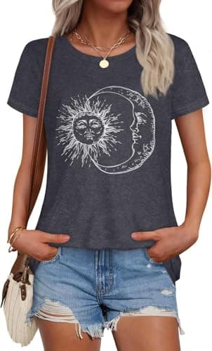 T Shirts for Women Summer Short Sleeve Crewneck Casual Cute Graphic Basic Tees Tops, Deep Grey Moon, L