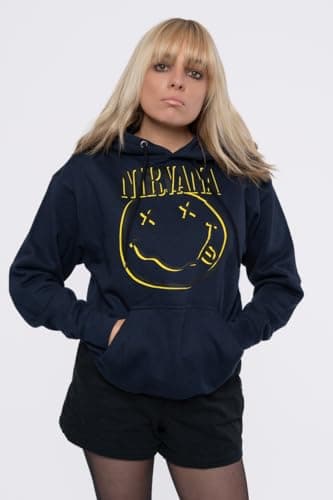 Nirvana Hoodie Inverse Smiley Band Logo Official Mens Navy Blue Pullover Size L
