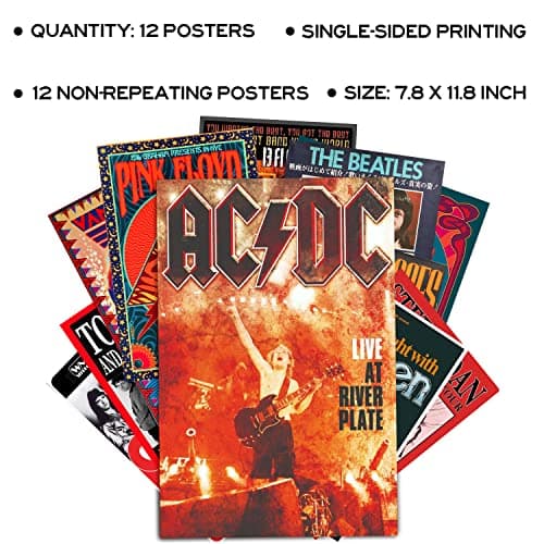 Woonkit Vintage Rock Band Posters for Room Aesthetic, 70s 80s 90s Retro Music Room Wall Bedroom Decor Art, Vintage Rock Concert Poster Wall Collage, Old Music Album Cover Prints (12 SET B, 7.8X11.8 INCH)