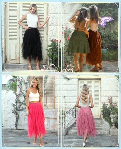 THHGPO Tulle Skirts for Women A Line Fairy Tiered Skirt Midi Length High Elastic Waist Long Skirt Black L