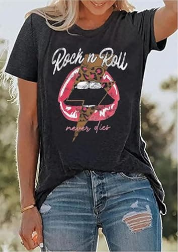 Rock N Roll Shirt Women Vintage Rock Music Graphic Shirt Country Music Tee Funny Letter Printed Casual Short Sleeve Tops (Medium, Grey)