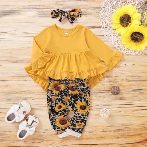Kucnuzki 18-24 Months Girl Clothing Toddler Girl Clothes Floral Outfits Baby Irregular Hem Linen Top Bowknot Rose Leopard Pants 3Pcs Fall Outfit
