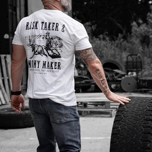 Combat Iron Men's Graphic T-Shirt | Risk Taker, Mommy Maker | Athletic Fit, Tagless Comfort | White, Large