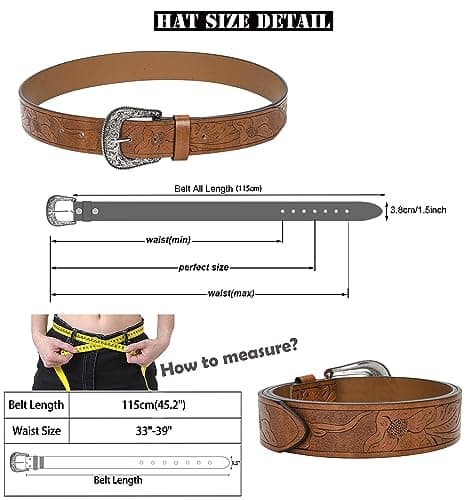 Western-Leather-Belts-Women Vintage Waist-Belts with Hollow Out Flower Buckle