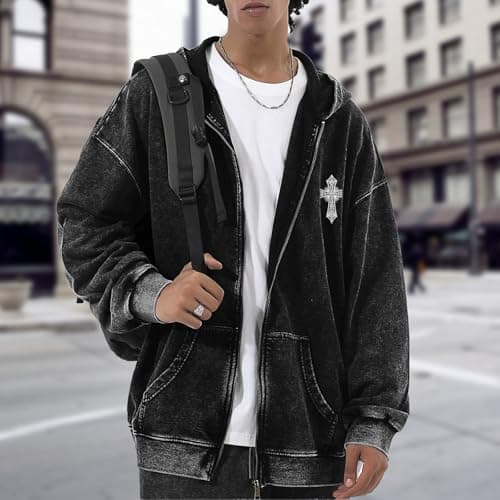 Lytiarul Vintage Goth Punk Zip Up Hoodies for Men Grunge Streetwear Oversized Gothic Cross Graphic Acid Wash Sweatshirt Tops(Black,L)