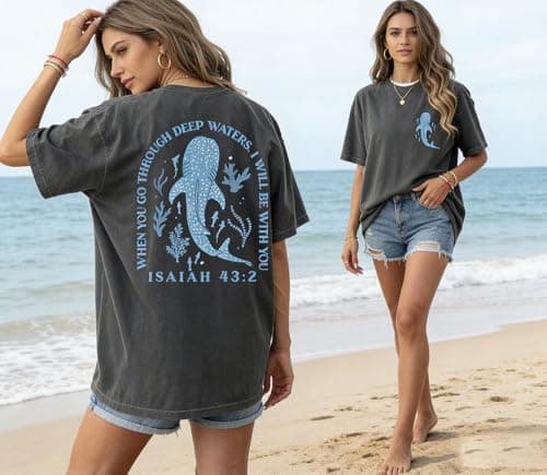 Whale Oversized Shirt for Women Christian Shark Bible Verse Gifts Beachy Top Vacation Summer Casual Loose Graphic Top(Small,Dark Grey)