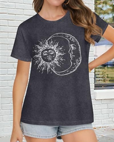 T Shirts for Women Summer Short Sleeve Crewneck Casual Cute Graphic Basic Tees Tops, Deep Grey Moon, L