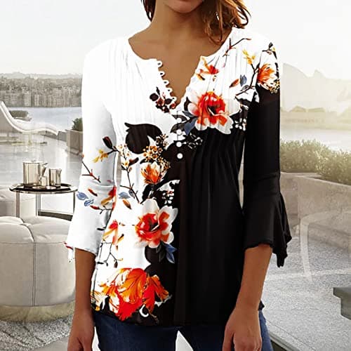 Ceboyel Summer Shirts for Women 2023 Womens Summer Tops 2023 Floral Print Button Down Tunic Shirts 3/4 Sleeve Tops Blouse Trendy Dressy Casual Ladies Clothes Black L
