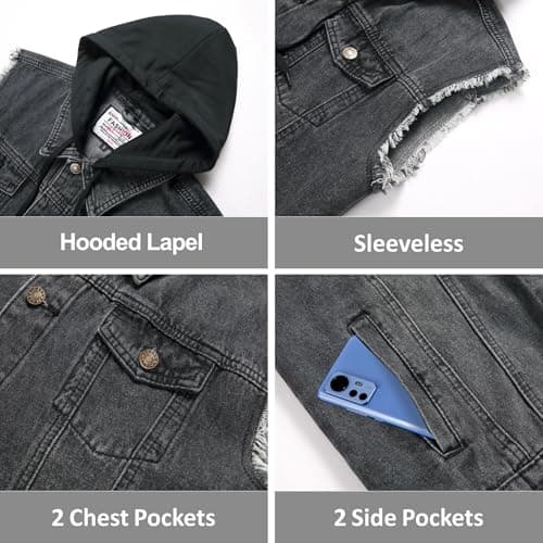 Ginsiom Men's Denim Vest,Sleeveless Jean Hooded Jacket Ripped Stretchy Sleeve Less Fashion Battle Vest for Men with Hood(9385Grey,L)