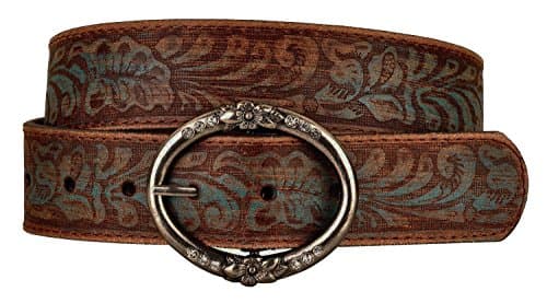 BC Belts Distressed and Embossed Brown Teal Leather Belt with Rhinestone Ring Buckle - Vintage Western Style for Women (M)
