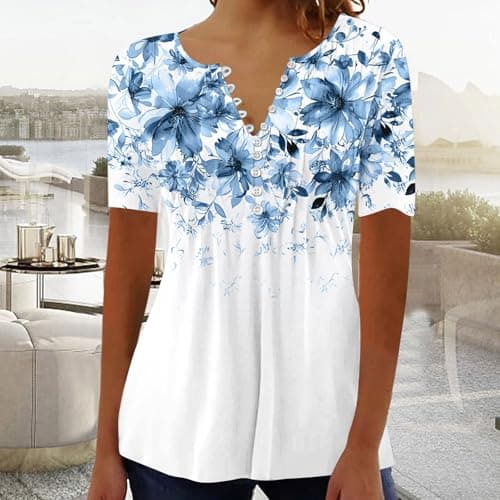 SMIDOW Summer Tops For Women 2026 Trendy Boho Floral Print Tunic Shirts Short Sleeve Button v Neck Tshirt Casual Loose Blouse ladies tops and blouses summer Blue 4X
