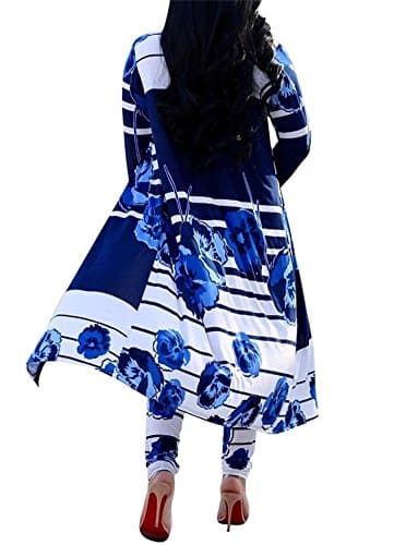 Women's 2 Piece Outfits Stripes Floral Print Open Front Cardigan and Legging Pants Set Blue