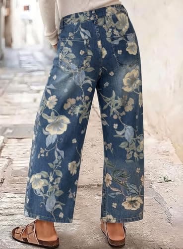 chouyatou Women's Floral Print Mid Rise Cropped Jeans Wide Leg Baggy Boho Ankle Denim Pants with Pockets (Medium,Blue)