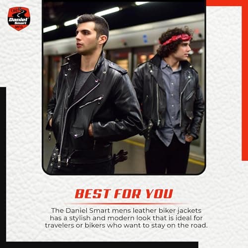 Daniel Smart Motorcycle Jacket for Men Genuine Black Leather Jacket with Polyester Thermal Lining Water Resistant Leather Jacket with inside inside & Heavy Duty Zippers