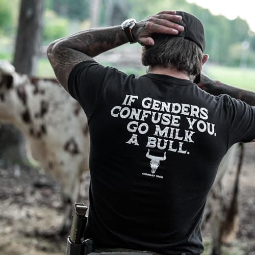 Combat Iron Men's Graphic T-Shirt | If Genders Confuse You, Go Milk a Bull | Cotton-Poly Blend | Athletic Fit, Tagless Comfort | Black, Large