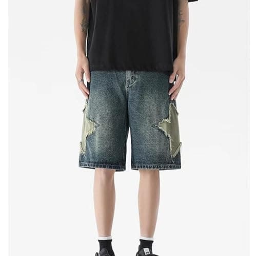 POHADON Y2K Blue Denim Shorts Summer Casual Loose Straight Leg Unisex Baggy Jeans Shorts Jorts Grunge Harajuku Streetwear (Star Patch,S)